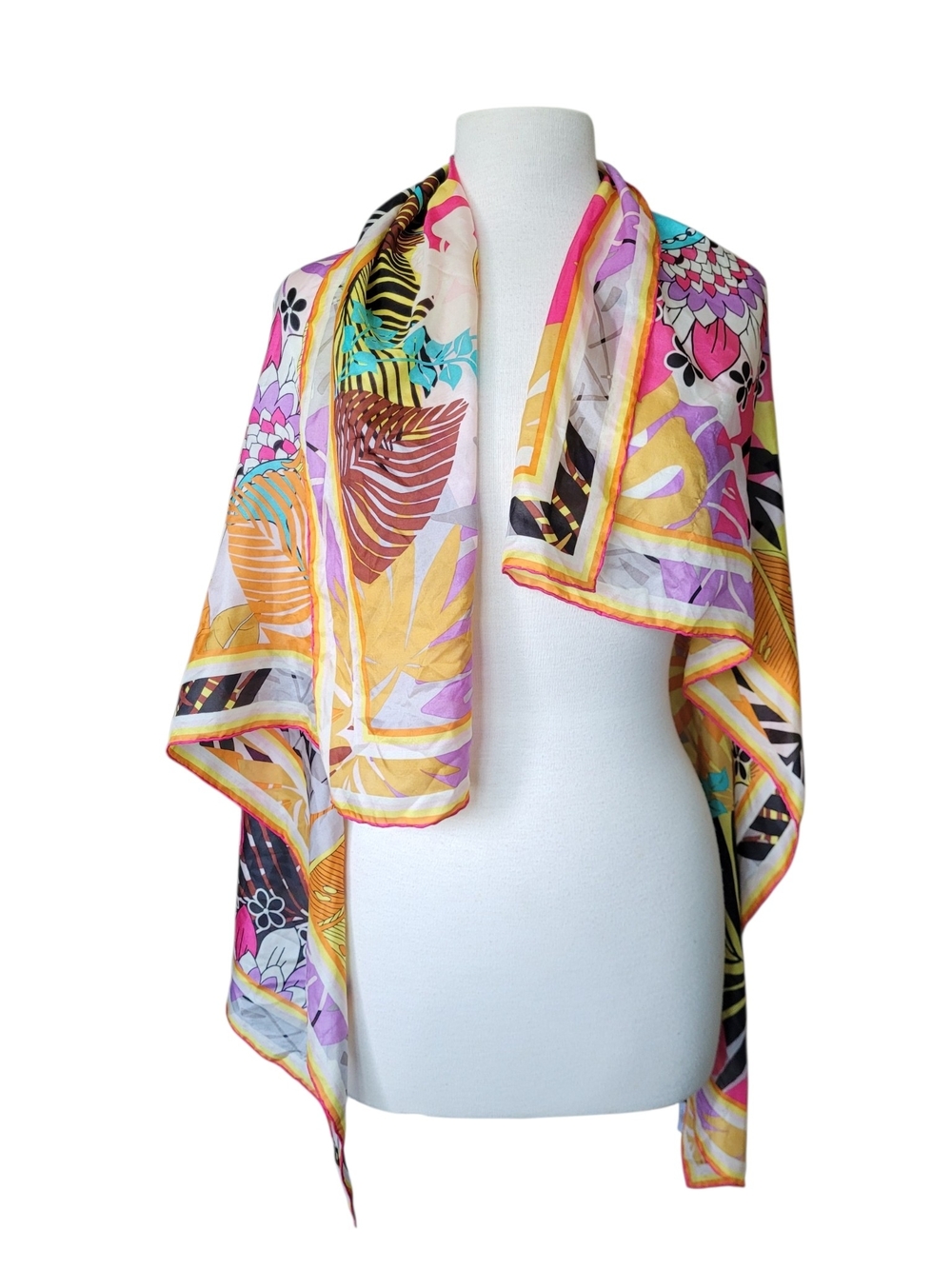 100% Silk Large Vibrant Floral Scarf Multi-Color Lightweight